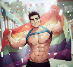 Rule 34 | 1boy, abs, bara, black hair, black pants, blurry, blurry background, chest harness, closed mouth, confetti, day, facepaint, flag, harness, highres, holding, holding flag, large pectorals, lgbt pride, looking at viewer, male focus, muscular, muscular male, navel, nerdyart1, nipples, original, outdoors, pants, pectorals, rainbow flag, short hair, smile, solo, thick eyebrows