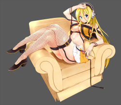 Rule 34 | 1girl, :&lt;, arm up, armchair, ass, bare shoulders, belt, between breasts, black footwear, blonde hair, blue eyes, blush, breasts, buckle, cable, chair, cleavage, closed mouth, collar, crop top, crop top overhang, crossed legs, fishnet thighhighs, fishnets, full body, garter straps, grey background, groin, hair between eyes, hand on own head, headphones, high heels, highres, leaning back, lily (vocaloid), long hair, midriff, navel, off shoulder, on chair, pinup (style), revealing clothes, shoes, shuuhei (shoohey), simple background, sitting, skirt, solo, stomach, thighhighs, unplugged, very long hair, vocaloid