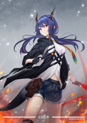 Rule 34 | 1girl, absurdres, arknights, black gloves, black jacket, black shorts, blue hair, breasts, ch&#039;en (arknights), cowboy shot, dragon girl, dragon horns, dragon tail, dual wielding, english text, engrish text, fingerless gloves, fire, frown, gloves, glowing, glowing eyes, hair between eyes, highres, hishiki (pixi14719710), holding, hood, hood down, hooded jacket, horns, jacket, looking at viewer, medium breasts, midriff, midriff peek, navel, necktie, open clothes, open jacket, outdoors, outstretched arm, rain, ranguage, red eyes, serious, short shorts, shorts, solo, tail, thighs, twintails, typo, yellow necktie