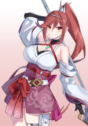 Rule 34 | 1girl, bare shoulders, black gloves, breasts, closed mouth, detached sleeves, fingerless gloves, glimmer (xenoblade), gloves, gradient background, highres, holding, holding staff, japanese clothes, large breasts, long hair, long sleeves, looking at viewer, mrnn, orange eyes, ponytail, smile, solo, staff, swept bangs, xenoblade chronicles (series), xenoblade chronicles 3, xenoblade chronicles 3: future redeemed, yellow eyes