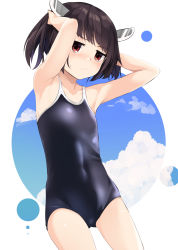 Rule 34 | 1girl, arai togami, armpits, arms up, bare arms, bare shoulders, black one-piece swimsuit, blue sky, blush, brown hair, closed mouth, cloud, collarbone, competition school swimsuit, covered navel, cowboy shot, flat chest, gluteal fold, highres, legs apart, new school swimsuit, one-piece swimsuit, red eyes, school swimsuit, short hair, sky, solo, swimsuit, thighs, touhoku kiritan, voiceroid, white background