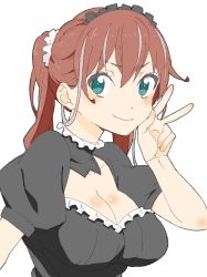 Rule 34 | &gt;:), 1girl, absurdres, bad id, bad twitter id, black dress, blue eyes, breasts, brown hair, cleavage, cleavage cutout, closed mouth, clothing cutout, commentary request, donguri suzume, dress, hair between eyes, hand up, highres, large breasts, long hair, looking at viewer, maid, maid headdress, puffy short sleeves, puffy sleeves, short sleeves, simple background, smile, solo, v, v-shaped eyebrows, white background