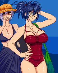 Rule 34 | 10s, 2girls, bag, bare shoulders, beach, bell, bikini, blue background, blue hair, bra, grabbing another&#039;s breast, breasts, brown eyes, casual one-piece swimsuit, cigarette, cleavage, collarbone, female focus, glasses, grabbing, gutsbro14, hair between eyes, highres, large breasts, light purple hair, long hair, looking at viewer, manyuu chifusa, manyuu hikenchou, manyuu kagefusa, multiple girls, ninja, one-piece swimsuit, purple hair, short hair, siblings, sisters, smile, smoke, smoking, standing, swimsuit, thick thighs, thighhighs, thighs, tight clothes, tomboy, tree, underwear, upper body