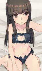Rule 34 | 1girl, alakoala, bad id, bad twitter id, black bra, black hair, black panties, blunt bangs, bra, brown eyes, cat cutout, cat ear panties, cat lingerie, cleavage cutout, clothing cutout, collarbone, commentary request, flat chest, frilled bra, frills, hatsuyuki (kancolle), highres, hime cut, kantai collection, long hair, looking to the side, meme attire, navel, panties, side-tie panties, sitting, solo, underwear, underwear only, wariza