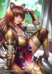 Rule 34 | 1girl, animal ears, armor, artist name, bad id, bad pixiv id, bed sheet, belt, blunt bangs, boots, breasts, brown hair, chest tattoo, cleavage, dress, frilled skirt, frills, gloves, high heel boots, high heels, leg up, lips, long hair, looking at viewer, medium breasts, neoartcore, parted lips, patreon username, pauldrons, raccoon ears, raccoon girl, raphtalia, red eyes, shoulder armor, sitting, skirt, slave tattoo, solo, tate no yuusha no nariagari, tattoo, thigh boots, thighhighs, watermark, window