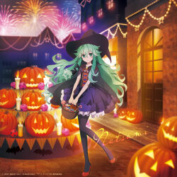 Rule 34 | 1girl, black pantyhose, brick road, brick wall, building, candle, candy, candy cane, character name, date a live, door, dress, fireworks, food, green eyes, green hair, halloween, hat, high heels, highres, natsumi (date a live), night, official art, outdoors, pantyhose, pavement, pumpkin, purple dress, red footwear, window, witch hat