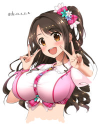 Rule 34 | 10s, 1girl, :d, blush, bow, breasts, brown eyes, brown hair, crop top, derauea, double v, female focus, hair bow, hair intakes, idolmaster, idolmaster cinderella girls, impossible clothes, impossible shirt, large breasts, looking at viewer, open mouth, plaid, plaid bow, shimamura uzuki, shirt, side ponytail, sidelocks, simple background, smile, solo, taut clothes, twitter username, upper body, v, wavy hair, white background, wing collar