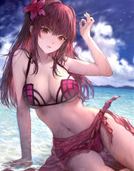 Rule 34 | 1girl, bad id, bad twitter id, breasts, brown hair, cleavage, collarbone, fate/grand order, fate (series), flower, hair flower, hair ornament, hisabosi, large breasts, looking at viewer, navel, red eyes, scathach (fate), scathach (fate/grand order), scathach (swimsuit assassin) (fate), sitting, solo, water, wet