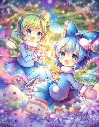 Rule 34 | 2girls, :d, bell, blue bow, blue coat, blue eyes, blue hair, blue mittens, blue skirt, blurry, blurry background, blush, bow, box, christmas ornaments, christmas tree, cirno, coa (chroo x), coat, commentary request, daiyousei, depth of field, detached wings, fairy wings, flower, frilled bow, frilled skirt, frills, fur-trimmed sleeves, fur collar, fur trim, gift, gift box, green hair, hair between eyes, hair bow, holding, holding gift, ice, ice wings, long sleeves, mittens, multiple girls, one side up, open mouth, pantyhose, short hair, skirt, smile, snowflakes, snowman, touhou, white flower, wings, yellow bow