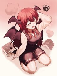 Rule 34 | 1girl, @ @, black skirt, black vest, black wings, book, breasts, collared shirt, commentary request, demon girl, demon wings, from above, full body, gradient background, head wings, highres, koakuma, long sleeves, medium breasts, necktie, one eye closed, open mouth, red eyes, red hair, red necktie, scribble, shirt, sitting, skirt, solo, tearing up, touhou, turtle-kun, vest, wariza, white shirt, wings