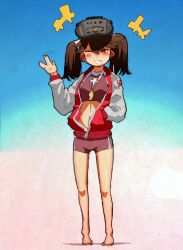 Rule 34 | 1girl, ^^^, barefoot, bikini, blue background, breasts, brown eyes, brown hair, closed eyes, facing viewer, gradient background, grin, hand in pocket, highres, jacket, kantai collection, long hair, multicolored clothes, multicolored jacket, namakura neo, one eye closed, red bikini, red jacket, red shorts, ryuujou (kancolle), salute, shorts, small breasts, smile, solo, swimsuit, two-tone jacket, visor cap, vulcan salute, whistle, whistle around neck