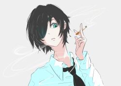 Rule 34 | 1girl, aqua eyes, black hair, black necktie, chainsaw man, cigarette, closed mouth, collared shirt, commentary request, eyepatch, hair between eyes, hand up, head tilt, himeno (chainsaw man), holding, holding cigarette, necktie, parted lips, shikachii99, shirt, short hair, simple background, smoke, smoke trail, smoking, solo, upper body, white shirt