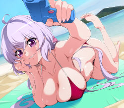 Rule 34 | 1girl, ahoge, aiming, aiming at viewer, barefoot, beach, bikini, blue sky, blush, breasts, cleavage, day, foreshortening, kurihara kenshirou, long hair, looking at viewer, low twintails, lying, navel, ocean, on stomach, outdoors, parted lips, purple eyes, red bikini, scrunchie, senki zesshou symphogear, shiny skin, sky, smile, soles, solo, swimsuit, teeth, twintails, very long hair, yukine chris