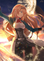 Rule 34 | 1girl, absurdres, alexzhang, arrow (projectile), blonde hair, bow, bow (weapon), breasts, compound bow, flight deck, flower, green jacket, highres, jacket, kantai collection, long hair, long sleeves, medium breasts, multicolored clothes, outdoors, overskirt, quiver, red flower, red rose, rose, sky, solo, tiara, victorious (kancolle), water, weapon