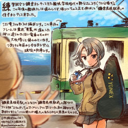 Rule 34 | 10s, 2girls, alternate costume, arrow (symbol), asymmetrical hair, black skirt, blonde hair, brown jacket, collared shirt, commentary request, dated, day, flipped hair, grey eyes, hand in pocket, holding, jacket, kantai collection, kirisawa juuzou, long hair, long sleeves, maikaze (kancolle), miniskirt, multiple girls, nowaki (kancolle), numbered, out of frame, pleated skirt, shirt, silver hair, skirt, smile, solo focus, text focus, traditional media, train, train station, translation request, twitter username, white shirt