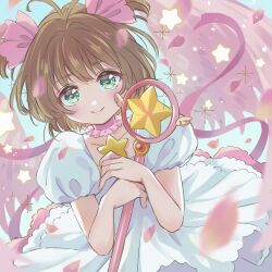 Rule 34 | 1girl, brown hair, cardcaptor sakura, choker, dress, green eyes, happy, kinomoto sakura, magical girl, meguru (dagmin), pink choker, smile, solo, star (symbol), wand, white dress
