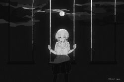 1girl absurdres closed_mouth cloud cloudy_sky eyes_visible_through_hair feet_out_of_frame full_moon greyscale hair_between_eyes hashtag highres kagamisaki_yao_(artist) long_hair long_skirt looking_at_viewer monochrome moon neckerchief night original outdoors pleated_skirt sailor_collar school_uniform serafuku shirt short_sleeves sidelocks sitting skirt sky smile solo straight-on swing swing_set