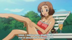 Rule 34 | 00s, 1girl, :d, amaenaideyo!!, barefoot, bottle, breasts, brown hair, casual one-piece swimsuit, chair, cloud, cup, dark-skinned female, dark skin, day, drink, drinking glass, drinking straw, english text, eyebrows, frilled swimsuit, frills, from side, full body, grey eyes, hand on own thigh, happy, highleg, highleg swimsuit, ikuina sumi, impossible clothes, impossible swimsuit, large breasts, leg up, legs, looking down, lotion, lounge chair, one-piece swimsuit, open mouth, outdoors, pink one-piece swimsuit, screencap, shiny skin, short hair, sitting, sky, smile, solo, subtitled, sunscreen, swimsuit, thick eyebrows, thighs, tree