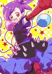 Rule 34 | 1girl, :d, balloon, bugcchu (pri chan), commentary request, elbow gloves, fang, gloves, hizuki (hiduki6121), jacket, kiratto pri chan, looking at viewer, open mouth, orange eyes, outstretched arm, pointy ears, ponytail, pretty series, purple hair, purple jacket, purple skirt, red eyes, red gloves, shoe soles, short sleeves, skirt, smile, solo, spikes, standing, standing on one leg, star (symbol), yellow background