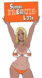 Rule 34 | 1girl, armpits, arms up, blonde hair, blue eyes, brand name imitation, breasts, butcha-u, cleavage, contrapposto, crotchless, crotchless swimsuit, dark-skinned female, dark skin, delightfully fuckable and unrefined!!, female focus, holding, holding sign, hooters, large breasts, licking lips, mari (delightfully fuckable and unrefined!!), name tag, naughty face, navel, one-piece tan, original, short hair, sign, simple background, solo, standing, swimsuit, tan, tanline, tongue, tongue out, white background