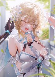 Rule 34 | 2girls, bare shoulders, blonde hair, breasts, character request, commentary, day, dress, flower, genshin impact, hair flower, hair ornament, highres, looking at viewer, lumine (genshin impact), medium breasts, multiple girls, open mouth, out of frame, paimon (genshin impact), petals, scarf, short hair with long locks, sidelocks, solo focus, throwing petals, utsuhostoria, vambraces, white dress, white flower, white scarf, yellow eyes