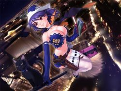 Rule 34 | 1girl, belt, blue hair, breasts, broom, broom riding, cape, cat, cellphone, cityscape, game cg, gun, handgun, hat, hitotsukane yuuko olivia, large breasts, majodou, night, phone, purple hair, red eyes, revolver, sano toshihide, sidesaddle, solo, suitcase, thighhighs, weapon, witch