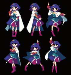 Rule 34 | 1girl, 4qw5, arm up, black background, black eyes, blue hair, blush, boots, cape, capelet, dress, hair ornament, hand up, highres, long sleeves, medium hair, multicolored clothes, multicolored dress, own hands together, pixel art, pointing, red footwear, simple background, sleeves past wrists, sprite, sprite art, standing, tenkyuu chimata, touhou, white cape, white capelet, zipper, zipper dress, zipper pull tab