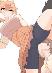 Rule 34 | 1boy, 1girl, animal ear fluff, animal ears, bike shorts, black shorts, blush, breasts, brown hair, brown shirt, cameltoe, captain (kemono friends), closed mouth, commentary request, cunnilingus, cunnilingus through clothes, dhole (kemono friends), dog ears, feet out of frame, hair between eyes, hetero, high-waist skirt, highres, illu (illu stratos), kemono friends, kemono friends 3, large breasts, leg up, long bangs, multicolored hair, one eye closed, oral, shirt, short hair, shorts, shorts under skirt, simple background, skirt, smile, solo focus, white background, white hair, yellow eyes