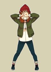 Rule 34 | 1girl, ammonio, beanie, brown hair, covered eyes, denim, full body, green background, green jacket, grin, hat, jacket, jeans, jewelry, legs apart, necklace, original, pants, parted lips, shirt, shoes, simple background, smile, solo, teeth, white shirt