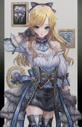 Rule 34 | 1girl, ascot, black gloves, black skirt, blonde hair, blue ascot, blue eyes, blush, boots, bow, brooch, cowboy shot, drawing (object), gloves, hair bow, idolmaster, idolmaster cinderella girls, jewelry, looking at viewer, oden100, off-shoulder shirt, off shoulder, ohtsuki yui, shirt, skirt, solo, thigh boots