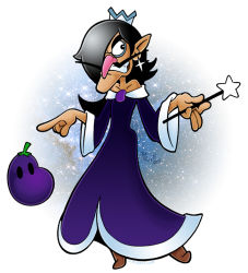 Rule 34 | bare shoulders, black hair, clenched teeth, crown, doppelganger, dress, eggplant, evil, facial hair, fusion, hair over one eye, long hair, long nose, mario (series), mustache, nintendo, original, pointing, pointy ears, princess, rosalina, strapless, strapless dress, super mario bros. 1, super mario galaxy, teeth, waluigi, wand