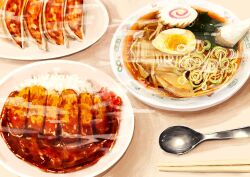 Rule 34 | bowl, chopsticks, dumpling, food, food focus, highres, jiaozi, kamaboko, kaneko ryou, meat, narutomaki, no humans, noodles, original, plate, ramen, rice, spoon, still life