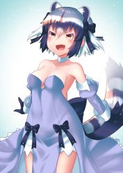 Rule 34 | 1girl, :d, absurdres, akuma (st.takuma), alternate costume, animal ears, bare shoulders, black hair, bow, breasts, brown eyes, collar, collarbone, commentary request, common raccoon (kemono friends), covered navel, detached sleeves, dress, extra ears, fang, gloves, grey hair, hair between eyes, hair bow, highres, juliet sleeves, kemono friends, long sleeves, medium breasts, multicolored hair, open mouth, outstretched arms, puffy sleeves, raccoon ears, raccoon tail, short hair, sidelocks, smile, solo, strapless, strapless dress, striped tail, tail, upper body, v-shaped eyebrows, white hair
