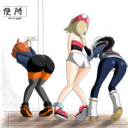 Rule 34 | 3girls, ahoge, akari (pokemon), anklet, arezu (pokemon), arm up, ass, bare shoulders, bent over, between legs, black hair, black shorts, blonde hair, blue kimono, blue leggings, blue sweater, breasts, brown footwear, clenched hand, creatures (company), door, english text, female focus, flying sweatdrops, from behind, full body, game freak, grey leggings, hairband, hand between legs, hand on another&#039;s shoulder, hand up, have to pee, head scarf, heel up, highres, hood, hood down, hooded sweater, indoors, irida (pokemon), japanese clothes, japanese text, jewelry, kimono, knees together feet apart, layered sleeves, leaning forward, leg warmers, leggings, legs, long hair, long sleeves, medium breasts, microsd (pibo), midriff, multicolored leggings, multiple girls, nintendo, obi, orange footwear, orange hair, pink scarf, pokemon, pokemon legends: arceus, ponytail, red footwear, red hairband, red shirt, sandals, sash, scarf, shiny clothes, shirt, shoes, short hair, short kimono, short over long sleeves, short shorts, short sleeves, shorts, standing, strapless, sweat, sweater, translation request, tube top, white background, white headwear, white shorts