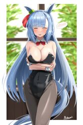 Rule 34 | 1girl, a.nori, absurdres, alternate costume, animal ears, arms under breasts, artist name, bare shoulders, black hair, black pantyhose, blue hair, blurry, blurry background, blush, braid, breasts, cleavage, closed eyes, commentary request, cowboy shot, crown braid, ear ornament, embarrassed, highleg, highleg leotard, highres, horse ears, horse girl, horse tail, large breasts, leotard, long hair, mejiro ardan (umamusume), nontraditional playboy bunny, open mouth, pantyhose, smile, solo, spoken blush, tail, umamusume, very long hair, window, wrist cuffs