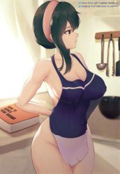 Rule 34 | 1girl, a-o a, apron, backlighting, bare shoulders, book, bowl, breasts, cleavage, closed mouth, cowboy shot, english text, hairband, highres, indoors, kitchen, ladle, large breasts, naked apron, pink hairband, pixiv id, profile, red eyes, short hair with long locks, sidelocks, solo, spatula, spy x family, thighs, tongs, twitter logo, tying apron, watermark, web address, yor briar