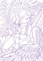 Rule 34 | 1girl, dungeon meshi, looking at viewer, marcille donato, monochrome, pointy ears, sitting, wariza, wings