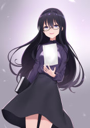 Rule 34 | 1girl, :d, alternate costume, artist request, black eyes, black hair, black hairband, black skirt, book, breasts, casual, clothing cutout, daifuku (pixiv25686659), ears, glasses, gradient background, hairband, highres, holding, holding book, long hair, long sleeves, looking at viewer, machikado mazoku, medium breasts, ogura shion, open mouth, paper, purple eyes, simple background, skirt, small breasts, smile, standing, teeth, thigh cutout, thighs, upper teeth only