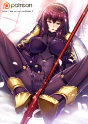 Rule 34 | &gt;:), 1girl, armor, blush, bodysuit, breasts, butter-t, covered navel, covering privates, covering crotch, fate/grand order, fate (series), gae bolg (fate), hair ornament, headdress, large breasts, long hair, looking at viewer, parted lips, patreon, patreon username, pauldrons, purple bodysuit, purple hair, red eyes, scathach (fate), scathach (fate), shoulder armor, smile, solo, spread legs, v-shaped eyebrows, watermark, web address