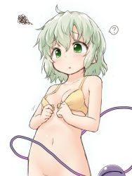 Rule 34 | 1girl, ?, bare arms, bottomless, bra, breasts, commentary request, dressing, green eyes, green hair, hair between eyes, komeiji koishi, natsu no koucha, navel, out-of-frame censoring, short hair, simple background, small breasts, solo, spoken question mark, squiggle, stomach, third eye, touhou, underwear, yellow bra