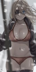 Rule 34 | 1girl, absurdres, bikini, black jacket, black thighhighs, blonde hair, blue eyes, blurry, blurry foreground, breasts, cleavage, closed mouth, commentary, cowboy shot, expressionless, eyepatch, fire punch, hair between eyes, highres, huge filesize, jacket, large breasts, looking at viewer, medium hair, midriff, motion blur, navel, open clothes, open jacket, polearm, red bikini, signature, snowing, solo, spear, spear woman (fire punch), swimsuit, tare negima, thighhighs, thighs, weapon, wind