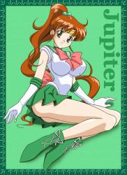 Rule 34 | 1990s (style), 1girl, artist request, bishoujo senshi sailor moon, boots, bow, breasts, brown hair, character name, choker, earrings, elbow gloves, gloves, green background, green eyes, green footwear, green skirt, green theme, hair bobbles, hair ornament, impossible clothes, impossible shirt, jewelry, kino makoto, large breasts, legs, long hair, magical girl, pink bow, ponytail, retro artstyle, sailor jupiter, school uniform, second-party source, serafuku, shirt, skirt, solo, tiara, white gloves