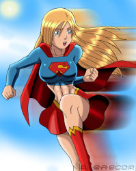 Rule 34 | 1girl, alien, blonde hair, blue eyes, blue sky, breasts, cape, clothes lift, dc comics, flying, kryptonian, legs, long hair, midriff, open mouth, red cape, red skirt, skirt, skirt lift, sky, sleeves past wrists, solo, sun, supergirl