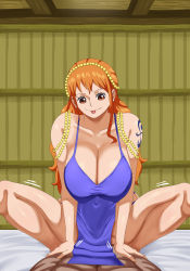Rule 34 | 1boy, 1girl, breast press, breasts, cleavage, curvy, dress, fingernails, hair ornament, highres, huge breasts, large breasts, legs, long hair, looking at another, looking at viewer, midriff, nami (one piece), nami (one piece) (zou), navel, one piece, orange hair, pinkpawg, purple dress, revealing clothes, shiny skin, short dress, shoulder tattoo, sitting, sitting on person, smile, solo, squatting, tattoo, thick thighs, thighs, vaginal, very long hair, wide hips