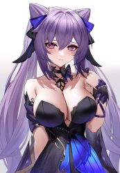 Rule 34 | 1girl, alternate breast size, bare shoulders, black choker, blush, breasts, choker, cleavage, closed mouth, diamond-shaped pupils, diamond (shape), double bun, dress, eternity (shadeh), genshin impact, gradient background, grey background, hair bun, hair ornament, twirling hair, hand up, highres, keqing (genshin impact), keqing (opulent splendor) (genshin impact), large breasts, long hair, looking at viewer, official alternate costume, pearl hair ornament, purple eyes, purple hair, solo, symbol-shaped pupils, twintails