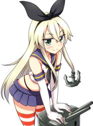 Rule 34 | 10s, 1girl, anchor, anchor hair ornament, black panties, blonde hair, blush, bococho, elbow gloves, gloves, green eyes, hair ornament, hairband, kantai collection, long hair, looking at viewer, panties, personification, rensouhou-chan, shimakaze (kancolle), skirt, smile, solo, striped clothes, striped thighhighs, thighhighs, underwear, white gloves