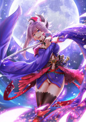 Rule 34 | 1girl, absurdres, asymmetrical hair, backlighting, black thighhighs, blue eyes, breasts, cleavage, earrings, fate/grand order, fate (series), floral print, hair ornament, hasaya, highres, holding, holding sword, holding weapon, japanese clothes, jewelry, katana, kimono, large breasts, light particles, long sleeves, looking at viewer, magatama, miyamoto musashi (fate), miyamoto musashi (third ascension) (fate), moon, multiple swords, navel, night, night sky, open mouth, panties, petals, pink hair, ponytail, sash, sheath, sheathed, sky, smile, solo, standing, sword, thighhighs, thighs, underwear, unsheathed, weapon, white panties