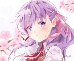 Rule 34 | 1girl, 23xxx, blush, breasts, brown vest, cherry blossoms, collared shirt, fate/stay night, fate (series), flower, hair ribbon, highres, homurahara academy school uniform, large breasts, long hair, long sleeves, looking at viewer, matou sakura, neck ribbon, parted lips, purple eyes, purple hair, red ribbon, ribbon, school uniform, shirt, solo, vest, white shirt