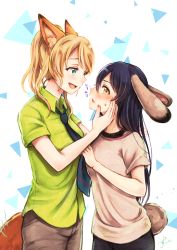Rule 34 | 2girls, animal ears, ayase eli, black pants, blonde hair, blue eyes, blue necktie, blush, breasts, brown eyes, diagonal stripes, fox ears, fox tail, green shirt, grey shirt, hand on another&#039;s face, height difference, highres, lilylion26, long hair, looking at another, looking at viewer, love live!, love live! school idol project, medium breasts, motion lines, multiple girls, nail polish, necktie, open mouth, pants, pink nails, profile, purple hair, rabbit ears, rabbit tail, shirt, short hair, short sleeves, sonoda umi, standing, striped necktie, striped neckwear, tail, white background, wing collar, yuri