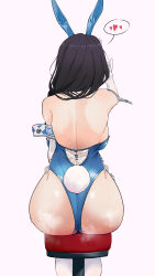 Rule 34 | 1girl, alternate costume, artist request, ass, backboob, backless leotard, backless outfit, bare shoulders, black hair, braid, breasts, elbow gloves, from behind, gloves, goddess of victory: nikke, huge ass, leotard, long hair, mary (medical rabbit) (nikke), mary (nikke), medium breasts, playboy bunny, rabbit ears, rabbit tail, single braid, sitting, solo, steaming body, stool, sweat, tail, thighhighs, thong, thong leotard